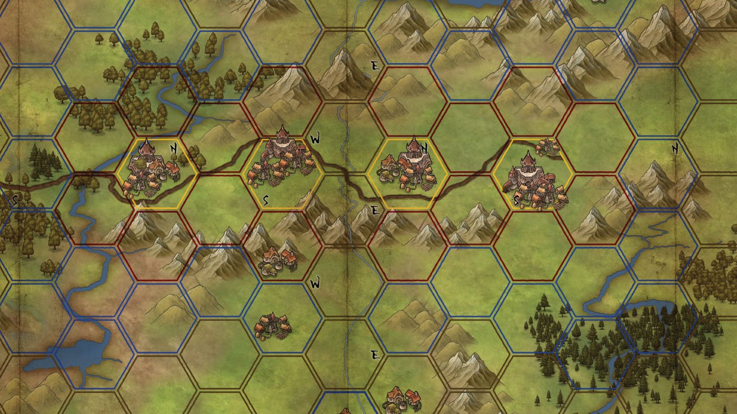 A section of the Legends of the Silk Road game board showing hex provinces, rivers, forests and mountains