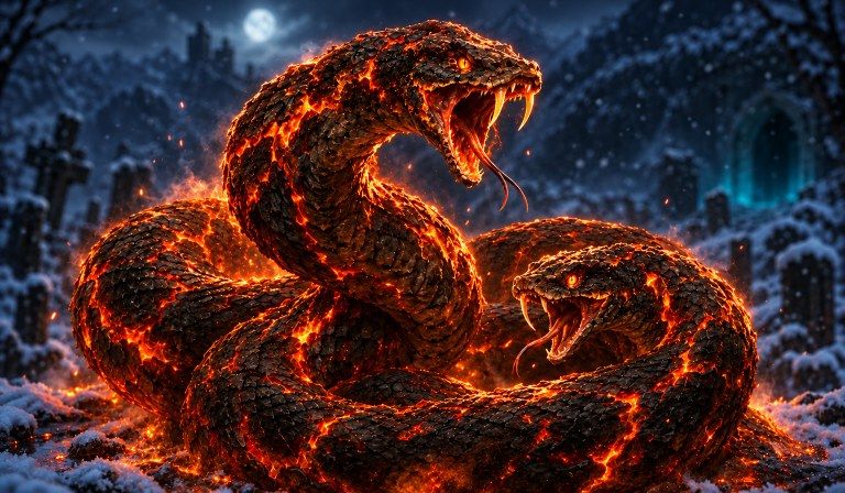 Card art: a coiled Fire Python