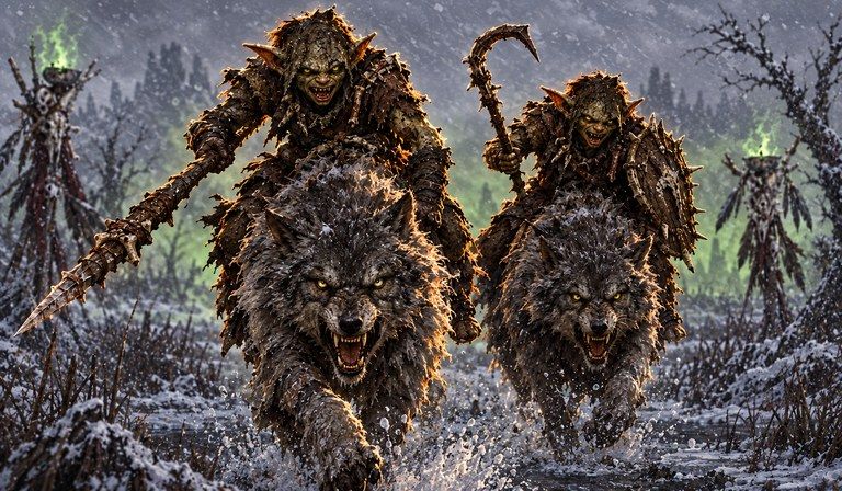 Card art: Gorblick Wolf Riders charging through snow