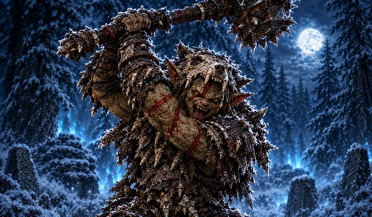 Card art: Grymfang's Champion raising a spiked club