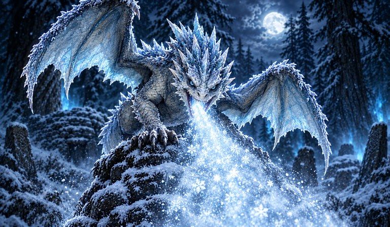 Card art: a Minor Frost Drake breathing ice in a moonlit forest