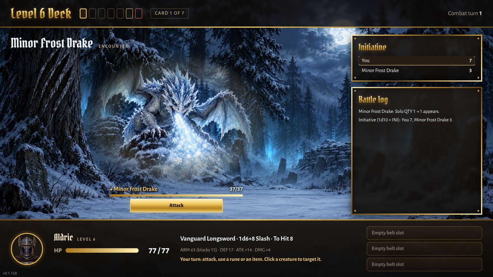 Screenshot: combat against a Minor Frost Drake in a snowy forest