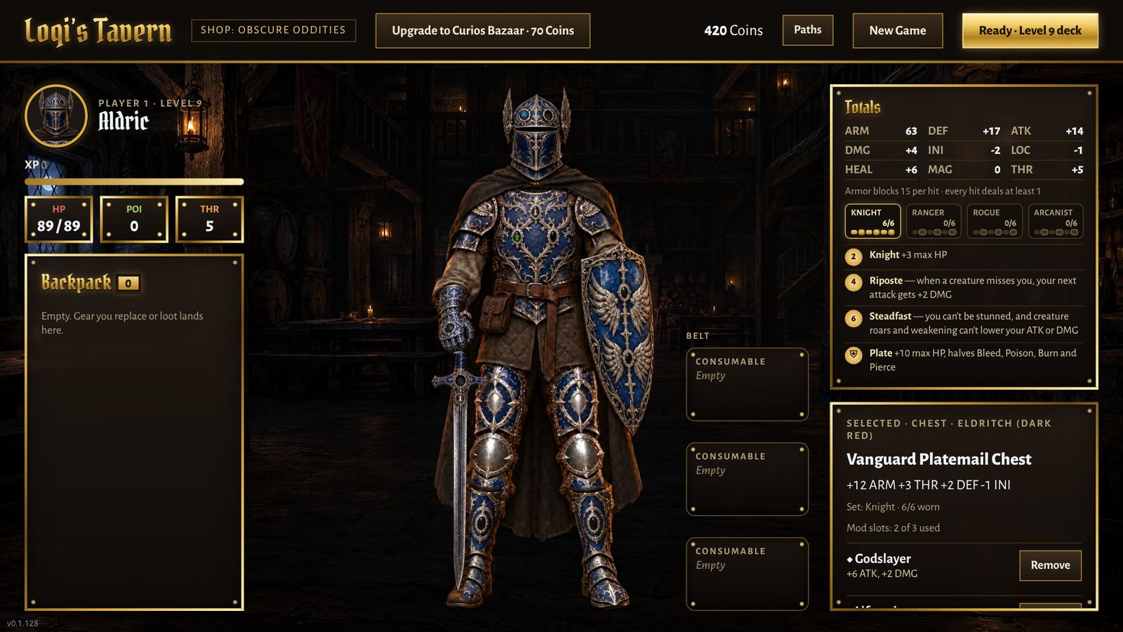 Screenshot: Loqi's Tavern, with a hero in full plate armor, his stats and set bonuses