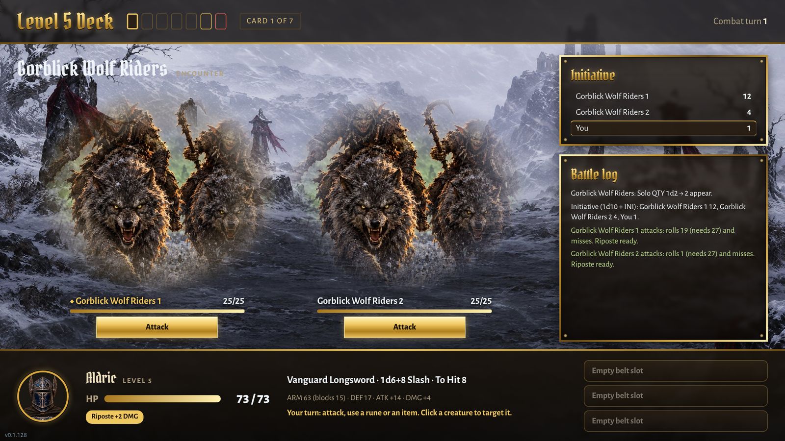 Screenshot: combat against two packs of Gorblick Wolf Riders