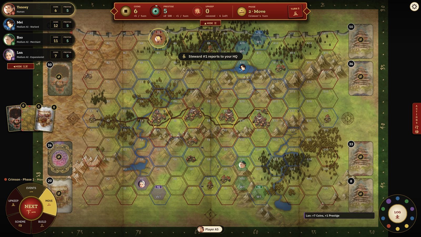 Screenshot: the full game board with player panels and phase wheel