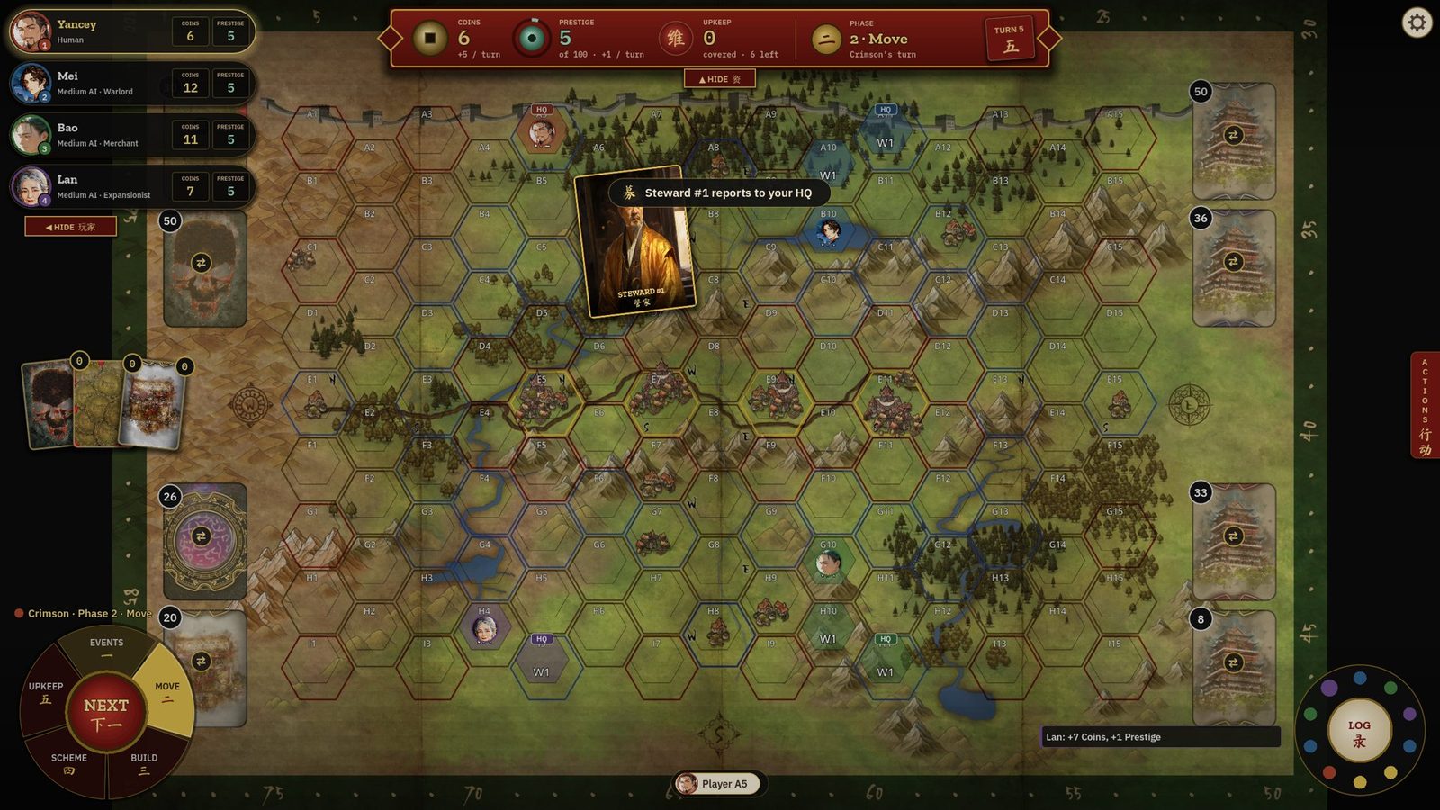 Screenshot: a Steward card being recruited on the game board