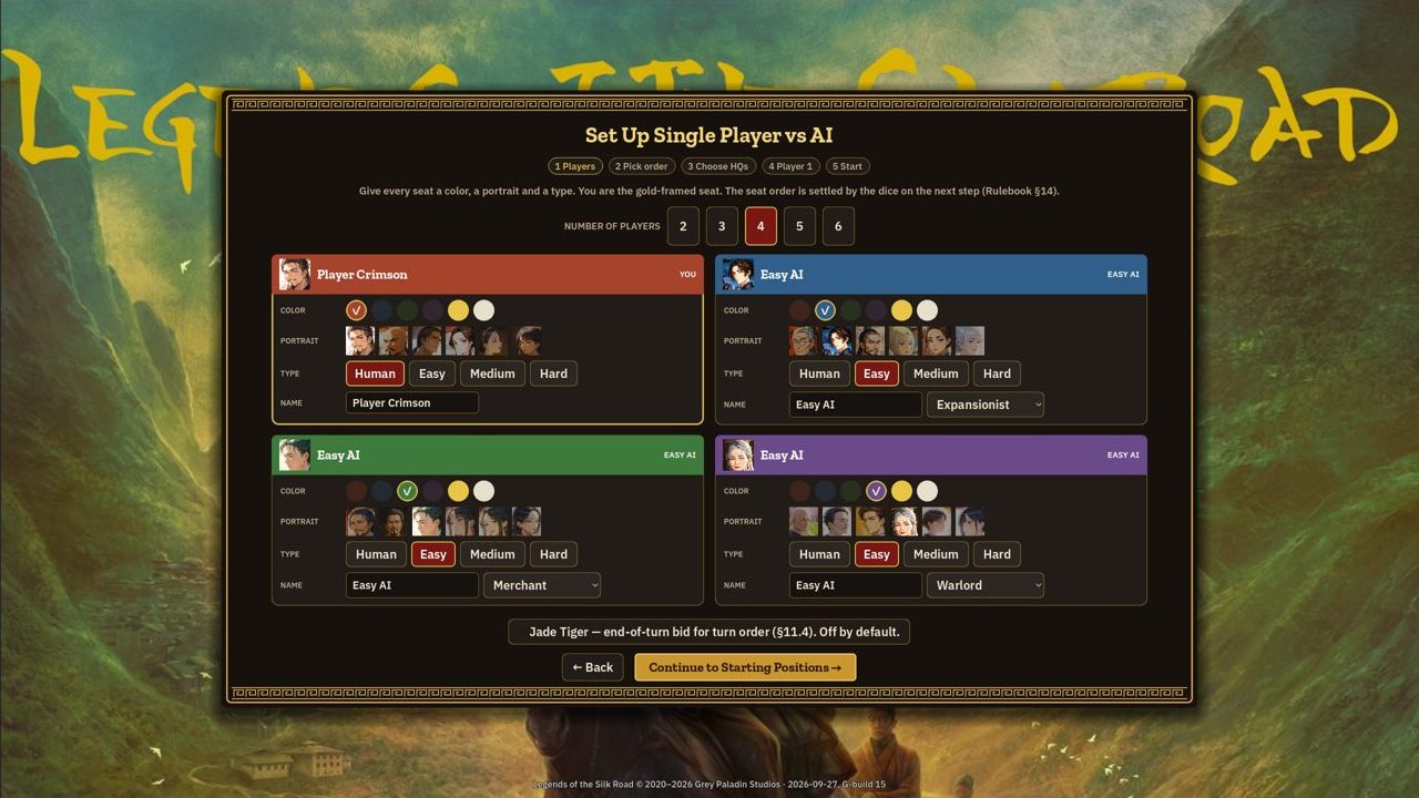 Screenshot: the seat setup screen for a single player game against AI