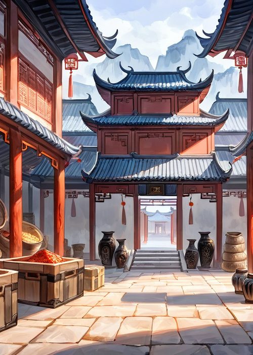 Trade center artwork: a walled merchant compound
